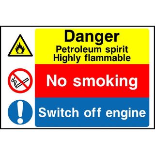 Picture of "Danger Petroleum Spirit Highly Fmammable- No Smoking- Switch Off Engine" Sign 