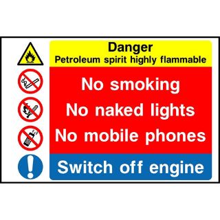 Picture of "Danger Petroleum Spirt Highly Flammable- No Smoking No Naked Lights No Mobile Phones - Swicth Of Engine" Sign 