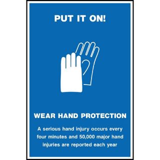 Picture of " Put It On- Wear Hand Protection- A Serious Hand Injury Occurs Every Four Minutes And 50,000 Major Hand Injuries Are Reported Each Year" Sign 