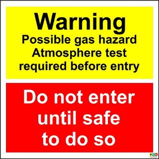 Picture of Warning Possible Gas Hazard.Atmosphere Test Required Before Entry. Do Not Enter Until Safe To Do So Sign