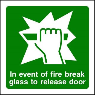 Picture of "In Event Of Fire, Break Glass To Release Door" Sign