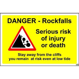 Picture of Danger - Rockfalls Serious Risk Of Injury Or Death Stay Away From The Cliffs You Remain At Risk Even In Low Tide Sign