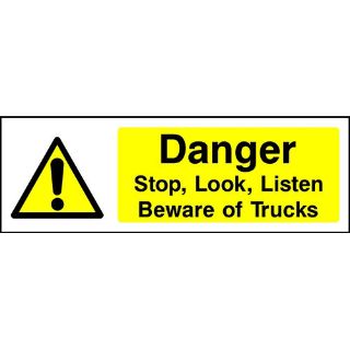 Picture of "Danger- Stop, Look, Listen- Beware Of Trucks" Sign