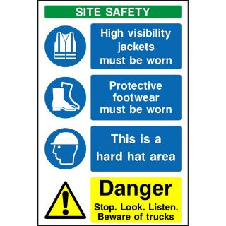 Picture of "Site Safety Danger Stop Look Listen Beware Of Trucks" Sign