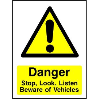 Picture of "Danger , Stop, Look, Listen- Beware Of Vehicles " Sign