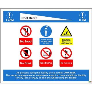 Picture of Swimming Pool Rules & Depths Sign - No Diving, No Running, No Eating, No Drinking, Shower Before And After Using The Pool And Floor Slippery When Wet. If Your Pool Depths Are Different From Shown Please Enter Your Own Swimming Pool Depths In The Comments 