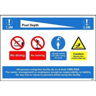 Picture of Swimming Pool Rules & Depths Sign - No Running, No Diving, Shower Before And After Using The Pool And Caution Floor Slippery When Wet Sign. If Your Pool Depths Are Different From Shown Please Enter Your Own Swimming Pool Depths In The Comments Section On 