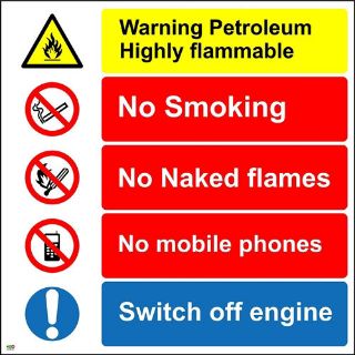 Picture of Warning Petroleum Highly Flammable No Smoking No Naked Flames No Mobile Phones Switch Off Engine Sign