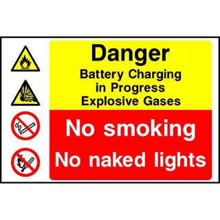 Picture of "Danger Battery Charging In Progress Explosive Gases- No Smoking No Naked Lights" Sign 