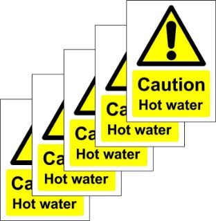 Picture of Caution Hot Water  - Self Adhesive Sticker 100mm x 75mm (Pack of 5 Stickers)