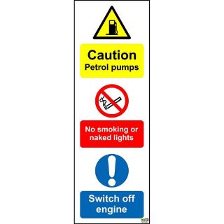 Picture of Caution Petrol Pumps. No Smoking Or Naked Lights. Switch Off Engine Sign