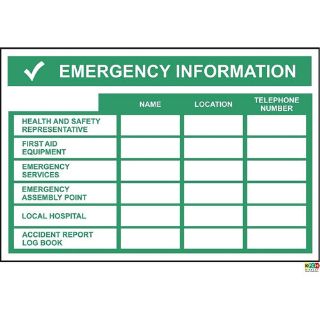 Picture of First Aid Signs Health And Safety Contact Number Chart Safety Sign