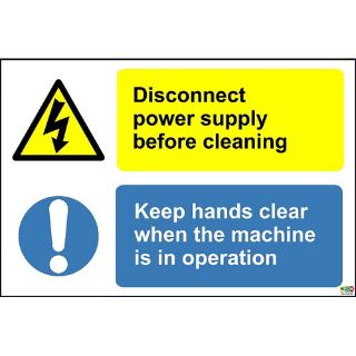 Picture of Disconnect Power Supply Before Cleaning Keep Hands Clear When Machine Is In Operation Safety Sign 