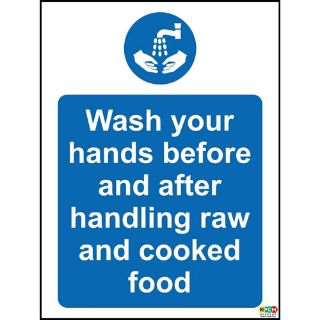 Picture of Wash Your Hands Before And After Handling Raw And Cooked Meat Safety Sign