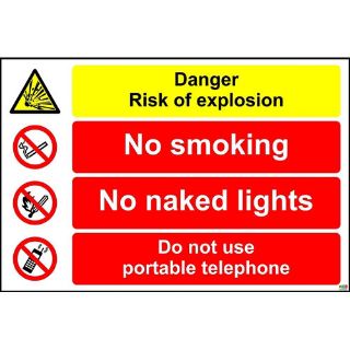Picture of Danger Risk Of Explosion, No Smoking, No Naked Lights, Do Not Use Portable Telephone Sign