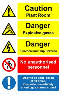 Picture of Caution Plant Room - Danger Explosive Gases Safety Sign With Multi Symbols