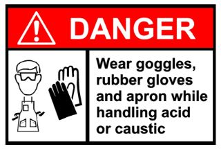 Picture of Danger Wear Goggles, Rubber Gloves While Handling Acid Or Caustic Sign 