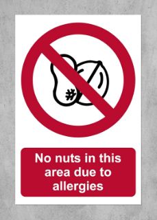 Picture of No nuts in this area due to allergies prohibition sign - Self adhesive sticker (200mm x 150mm)