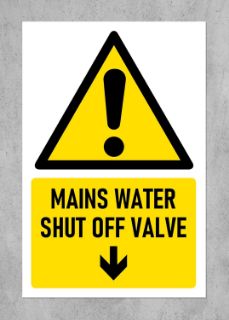 Picture of Mains water shut off valve, arrow pointing down, safety sign - Self adhesive sticker (200mm x 150mm)