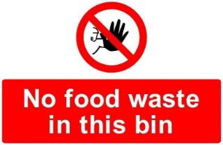 Picture of No food waste in this bin prohibition sign - Self adhesive sticker (200mm x 150mm)