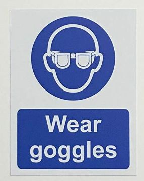 Picture of Wear goggles safety sign - Self adhesive sticker 200mmx 150mm