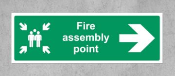 Picture of Fire assembly point directional right arrow Safety sign - 1.2mm Rigid plastic 300mm x 100mm