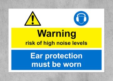 Picture of Warning risk of high noise levels. Ear protection must be worn sign - Self adhesive sticker 300mm x 200mm