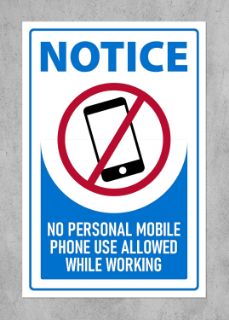 Picture of Notice, No personal mobile phone use allowed while working, safety sign - Self adhesive sticker (200mm x 150mm)