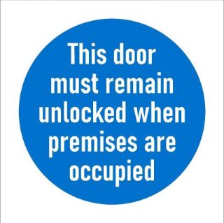 Picture of This door must remain unlocked when premises are occupied, safety sign - Self adhesive sticker (100mm x 100mm)