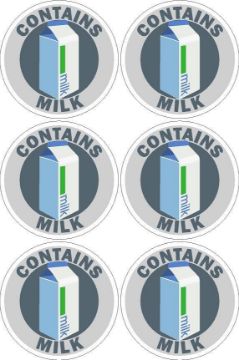 Picture of Contains milk food safety signs 100mm x 100mm circles cut out - pack of 6 stickers supplied on an A4 sheet
