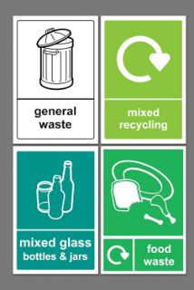 Picture of General Waste/Mixed Recycling/Mixed Glass/Food Waste Recycling Sticker Pack, 100x150mm, Pack of 4 Stickers on A4 Sheet
