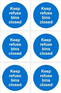Picture of Keep refuse bins closed sign - 100x100mm, pack of 6 stickers on A4 sheet