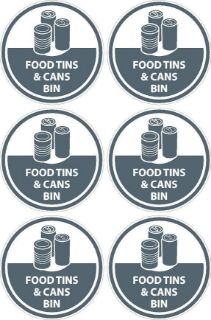 Picture of Food tins and cans bin recycling sign - Pack of 6 stickers 100mm x 100mm on an A4 sheet