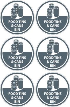 Picture of Food tins and cans bin recycling sign - Pack of 6 stickers 100mm x 100mm on an A4 sheet