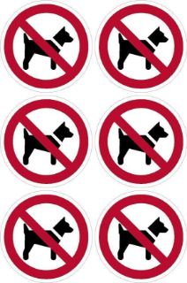 Picture of No Dogs Symbol Sign 100mm Circle - Pack of 6 Stickers on A4 Sheet